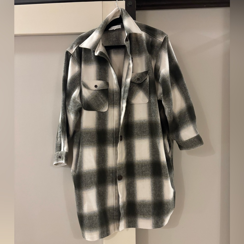 Basin and Range long plaid shacket coat in a grey, white, and hunter green wool